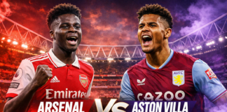 promotional graphic for Arsenal vs. Aston Villa
